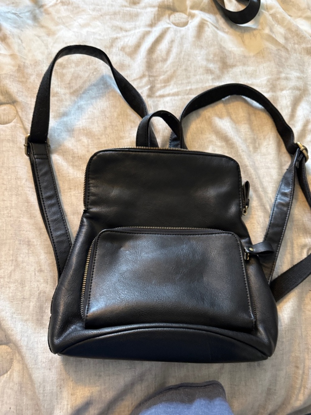 Joy Susan Black Leather Mini Backpack with Front Zip Pocket